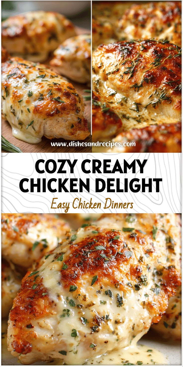 Close-up of creamy baked chicken breast topped with herbs and golden crust, a cozy baked chicken dinner.